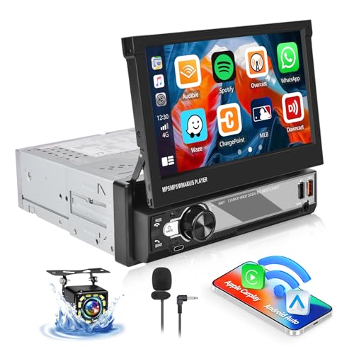 [Upgrade Wireless] SIXWIN Autoradio 1 Din mit Wireless Carplay Android Auto,7 Zoll ausfahrbares Display unterstützt Bluetooth 5.0/USB/AUX/FM/AM/Mirrorlink/Lenkradsteuerung+Rückfahrkamera von SIXWIN