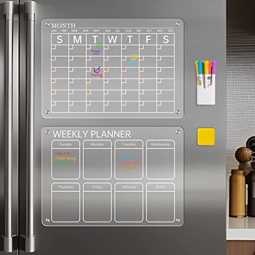 SIYOMG Acryl Kalender für Kühlschrank, 2 Stück 43 x 30 cm Magnetisch Klar Trocken Abwischbare Kalendertafel Wochenplaner mit 6 Farbigen Markern von SIYOMG