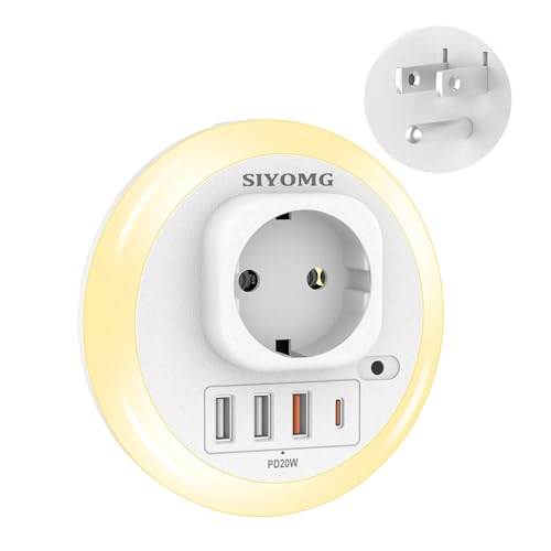 SIYOMG Reiseadapter Amerika Deutschland Stecker, US to EU Steckdosenadapter mit Nachtlicht, 5 in 1 Steckdose mit 2 USB, 1 QC und 1 Typ-C Port für Amerika Kanada Thailand Mexiko Wand Ladegerät von SIYOMG