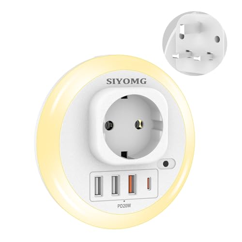 SIYOMG Reiseadapter EU to UK England Deutschland Stecker mit Nachtlicht, 5 in 1 Steckdosenadapter mit 2 USB, 1 QC und 1 Typ-C Port für Irland Großbritannien Wand Ladegerät, England Adapter Steckdose SIYOMG Reiseadapter EU to UK England Deutschland Stecker mit Nachtlicht, 5 in 1 Steckdosenadapter mit 2 USB, 1 QC und 1 Typ-C Port für Irland Großbritannien Wand Ladegerät, England Adapter Steckdose von SIYOMG