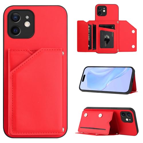 SIYOPINPFY Hülle für iPhone 12, Schlanke Brieftaschen-Rückseite mit 3 Kreditkartenhalter, Magnetverschlüssen und Klappfach/Ständer, Stoßfeste Handyhülle für iPhone 12 - Rot SDM von SIYOPINPFY