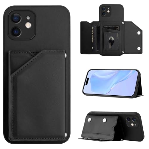 SIYOPINPFY Hülle für iPhone 12 Mini, Schlanke Brieftaschen-Rückseite mit 3 Kreditkartenhalter, Magnetverschlüssen und Klappfach/Ständer, Stoßfeste Handyhülle für iPhone 12 Mini - Schwarz SDM von SIYOPINPFY