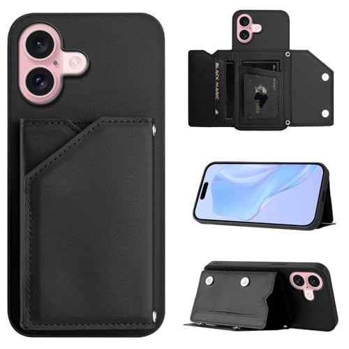 SIYOPINPFY Hülle für iPhone 16, Schlanke Brieftaschen-Rückseite mit 3 Kreditkartenhalter, Magnetverschlüssen und Klappfach/Ständer, Stoßfeste Handyhülle für iPhone 16 - Schwarz SDM von SIYOPINPFY