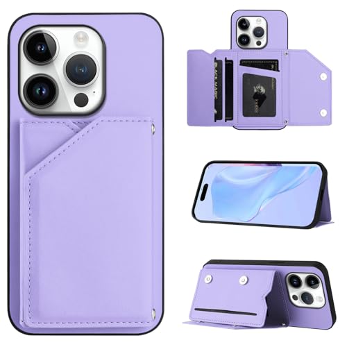 SIYOPINPFY Hülle für iPhone 16 Pro, Schlanke Brieftaschen-Rückseite mit 3 Kreditkartenhalter, Magnetverschlüssen und Klappfach/Ständer, Stoßfeste Handyhülle für iPhone 16 Pro - Violett SDM von SIYOPINPFY