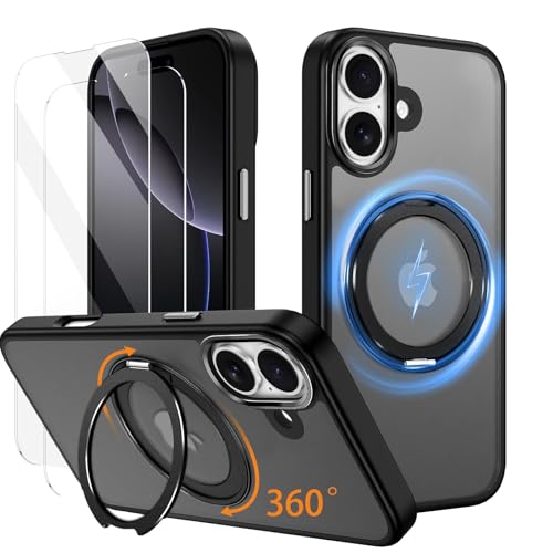 SIYOPINPFY Magnetische Hülle für iPhone 16 Plus - mit 2 Schutzfolie [Kompatibel mit Magsafe] Transluzentes Mattes 360° Metall Ring Halter Ständer Stoßfeste Handyhülle für iPhone 16 Plus - Schwarz von SIYOPINPFY
