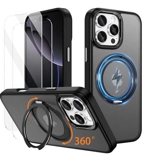 SIYOPINPFY Magnetische Hülle für iPhone 16 Pro Max - mit 2 Schutzfolie [Kompatibel mit Magsafe] Transluzentes Mattes 360°Metall Ring Halter Ständer Stoßfeste Handyhülle für iPhone 16 Pro Max - Schwarz von SIYOPINPFY