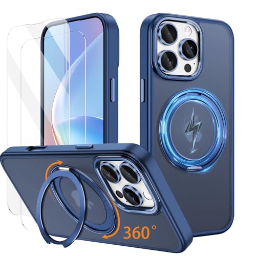 SIYOPINPFY Magnetische Hülle für iPhone 16 Pro Max - mit 2 Schutzfolie [Kompatibel mit Magsafe] Transluzentes Mattes 360° Metall Ring Halter Ständer Stoßfeste Handyhülle für iPhone 16 Pro Max - Blau von SIYOPINPFY