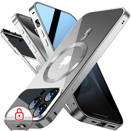 SIYUKBM [Vollständiger Kameraschutz und mechanische Verriegelung] Magnetische Privatsphäre-Schutzhülle für iPhone 15 Pro Max [kompatibel mit MagSafe] [CD-Metallring] Ganzkörper-Metallstoßstange, 9H von SIYUKBM