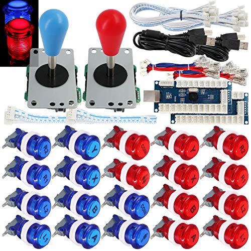 SJ@JX 2 Player Arcade Game Stick DIY Kit Buttons with Logo LED 8 Way Joystick USB Encoder Cable Controller for PC MAME Raspberry Pi Red Blue von SJ@JX