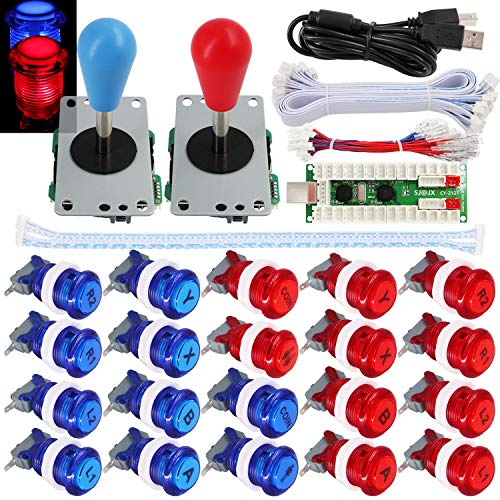 SJ@JX 2 Player Arcade Game Stick DIY Kit Buttons with Logo LED 8 Way Joystick USB Encoder Cable Controller for PC MAME Raspberry Pi Red Blue von SJ@JX