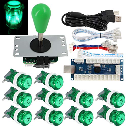 SJ@JX Arcade Game Stick DIY Kit Buttons with Logo LED 8 Way Joystick USB Encoder Cable Controller for PC MAME Raspberry Pi Green von SJ@JX