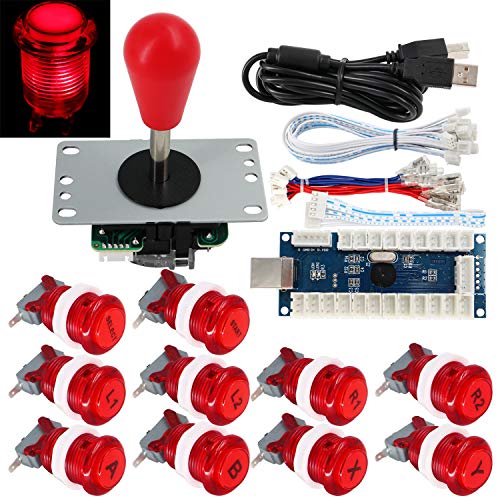 SJ@JX Arcade Game Stick DIY Kit Buttons with Logo LED 8 Way Joystick USB Encoder Cable Controller for PC MAME Raspberry Pi Red von SJ@JX