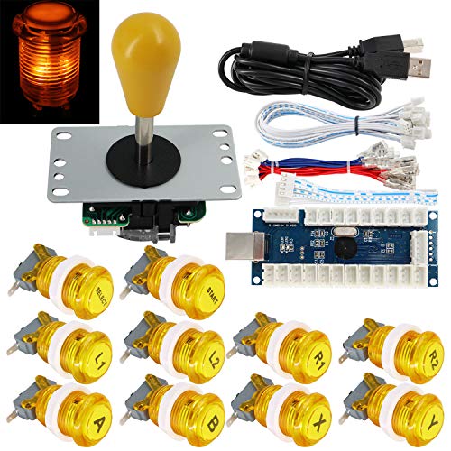 SJ@JX Arcade Game Stick DIY Kit Buttons with Logo LED 8 Way Joystick USB Encoder Cable Controller for PC MAME Raspberry Pi Yellow von SJ@JX