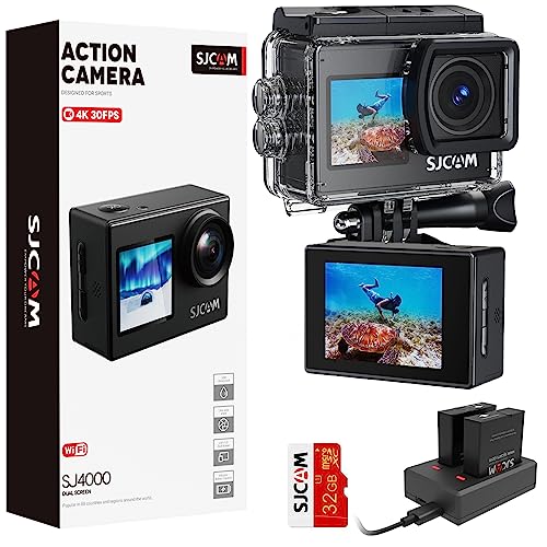 SJCAM Upgraded SJ4000 Action Kamera 4K Ultra HD Dual Screen Unterwasserkamera 98FT Wasserdicht, 170° Weitwinkel, Stabilisierung, WiFi Kamera mit extra Akku, SD Karte, Helm Zubehör Kit von SJCAM