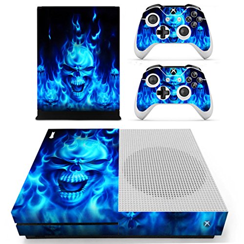 SKINOWN Skin für Xbox One S Slim Konsole und Controller (Blue Fire Flame Skull) von SKINOWN