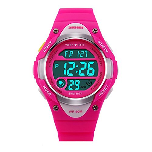 SKMEI Jungen und Mädchen Rosa Blau Schwarz Digitaluhr mit Stoppuhr Alarm Licht Alter 6-13 Jahre, rose, Armband von SKMEI