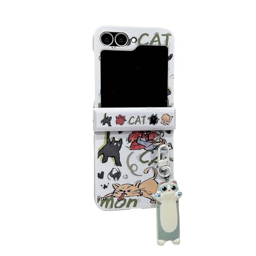 SKPY Schutzhülle kompatibel mit Samsung Galaxy Z Flip 6 mit Scharnierschutz & Anhänger, niedliche Cartoon-lustige Katze, Tier, stoßfeste Schutzhülle für Z Flip 6, für Männer und Frauen von SKPY