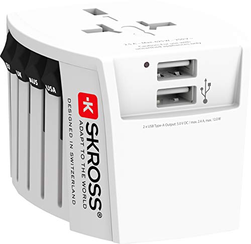 SKROSS | 1.302960 | MUV USB (2xA) | Universeller 2-Pol-Reiseadapter - Komplett mit 2 USB-Ladebuchsen. Spannung und Leistung: 100V - 250W / 250V - 625W. Anti-Stromschlagschutz von SKROSS