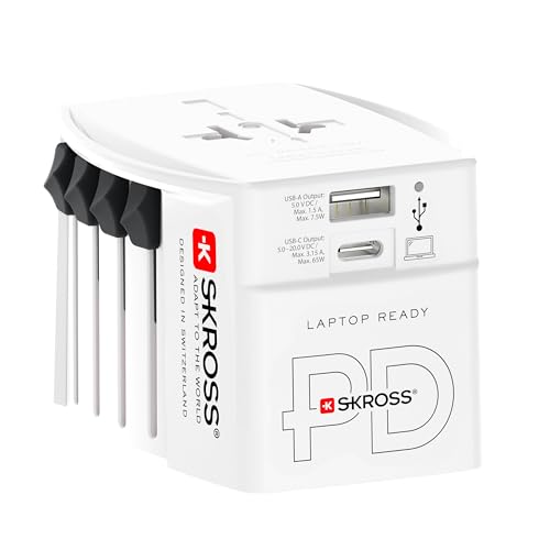 SKROSS -MUV USB AC65PD mit USB-C Kabel (160 cm) – 2-poliger Universal-Reiseadapter + 1 x USB C & 1 x USB 65 W – Spannung und Leistung: 100 V – 250 W/250 V – 625 W für Laptops, Tablets und Smartphones von SKROSS