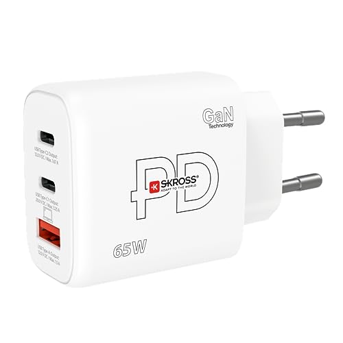 SKROSS - Power Charger 65W Gan EU - PC -Ladegerät, Tablet, Smarthone mit Schnellem Laden 65 W - Lader mit 3 USB -Geräten (USB 18W + USB C 20W + USB C 65W) mit EU -Sockel von SKROSS