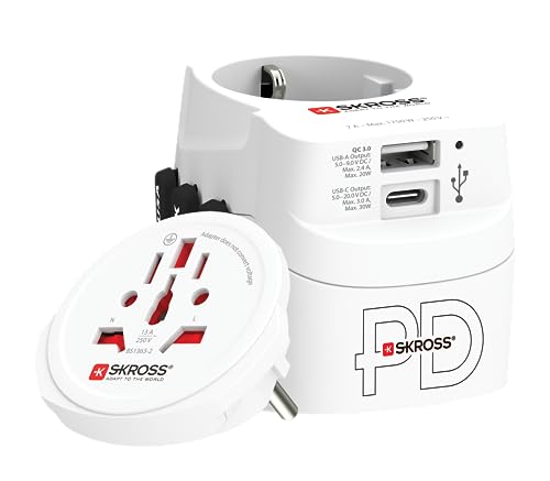 SKROSS - Pro Light USB AC30PD - Welt - 3 -Pole Universal Travel Adapter für die Welt mit schnellem Ladepd -PD -Ladegerät (1 x USB C 3a + 1 x USB 2,4a) - Power: 110V - 700W / 250 V - 1750W von SKROSS