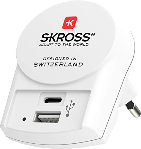 SKROSS - USB Ladegerät mit USB-C und USB-Anschluss - zur Anwendung zuhause oder auf Reisen in Europa Länder mit Schuko- oder Eurostecker / 2 USB Ports / Netzteil / 5 V max. 27 W 5.4 A max. von SKROSS