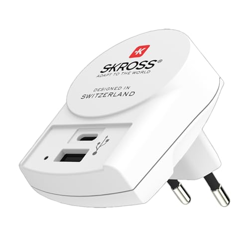 SKROSS - USB Ladegerät mit USB-C und USB-Anschluss - zur Anwendung zuhause oder auf Reisen in Europa Länder mit Schuko- oder Eurostecker / 2 USB Ports / Netzteil / 5 V max. 27 W 5.4 A max. von SKROSS