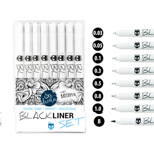 SKULLPAPER® Blackliner Set - 8 Stück inkl. Brushpen - schwarz, wasserfest schnelltrocknend deckend lichtecht hochpigmentiert für Bullet Journal, Skizze von SKULLPAPER
