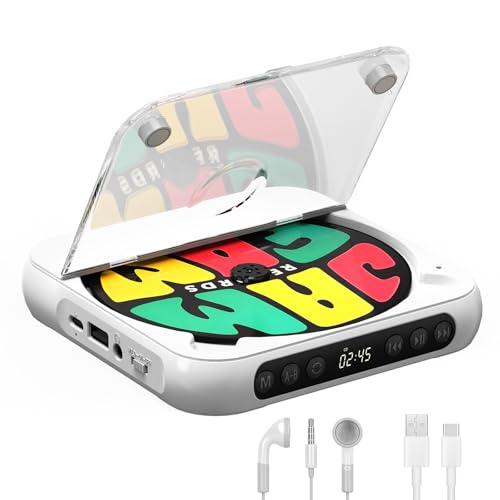Tragbarer CD-Player mit Bluetooth, wiederaufladbarer Walkman-CD-Player für Zuhause, integrierte HiFi-Lautsprecher, Kopfhörer, LCD-Bildschirm, unterstützt CD/AUX/USB und Wiederholungsmodi, Weiß von SKYANS