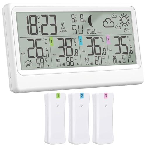 Wetterstation Funk mit 3 Außensensor, Innen- und Außenthermometer, Hygrometer, Barometer, Digitale Funkwetterstation mit 8,5"LCD-Display, Wettervorhersage, Mondphase, Wecker, Schlummerfunktion und RCC Wetterstation Funk mit 3 Außensensor, Innen- und Außenthermometer, Hygrometer, Barometer, Digitale Funkwetterstation mit 8,5"LCD-Display, Wettervorhersage, Mondphase, Wecker, Schlummerfunktion und RCC von SKYBOBMY