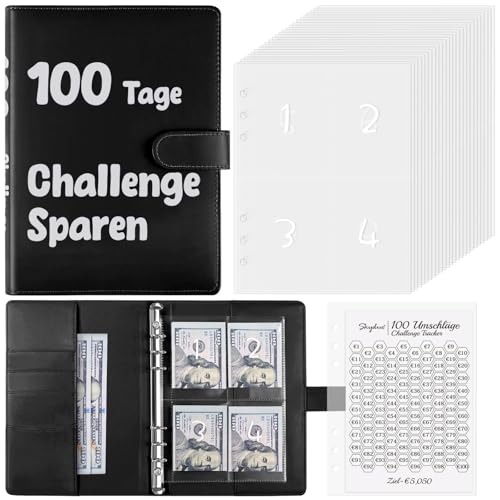 SKYDUE 100 Envelope Saving Challenge Deutsch, Sparbuch Für Geld Mit Cash Umschläge, Geld Sparen Challenge Mit Doppelseitigen Laminierten Tracker, 100 Tage Sparbuch Deutsch(Schwarz) von SKYDUE