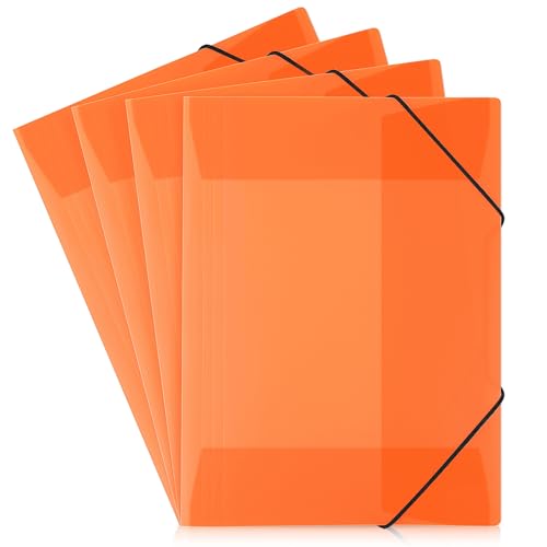 SKYDUE 4 Stück Sammelmappe A4, Postmappe A4 Schule, Mappe Aus Kunststoff Mit Gummizug, Eckspannermappe Für Zeichnungen, Dokumente, Papiere(Orange) von SKYDUE