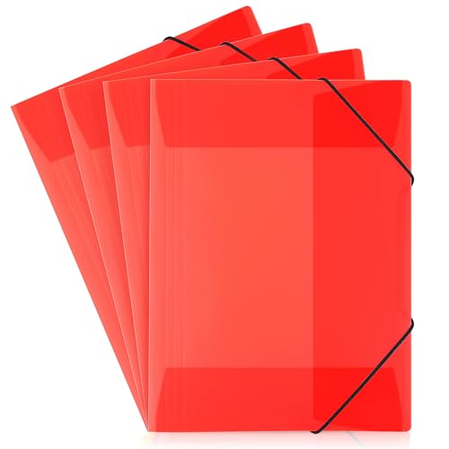 SKYDUE 4 Stück Sammelmappe A4, Postmappe A4 Schule, Mappe Aus Kunststoff Mit Gummizug, Eckspannermappe Für Zeichnungen, Dokumente, Papiere(Rot) von SKYDUE