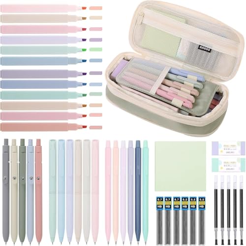 SKYDUE 44 Stück Schulsachen Aesthetic Mit Großer Kapazität Mäppchen, 12 Textmarker Pastell, 11 Gelstifte, 6 Druckbleistift, Stifte Set Schule Aesthetic School Stuff Astatic School Stuff (Grün) von SKYDUE