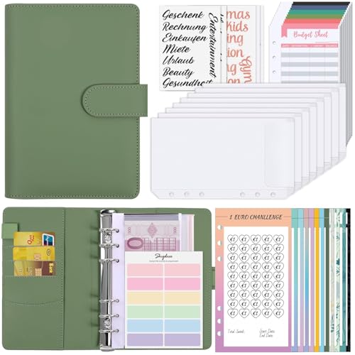 SKYDUE Budget Planner Deutsch,Spar Challenge Für Budget Planer,A6 Budget Für Beginner Mit Geld Organizer, Haushaltsbuch Mit Geldfächer, Bugetplaner Deutsch Startset(Olivgrün) von SKYDUE