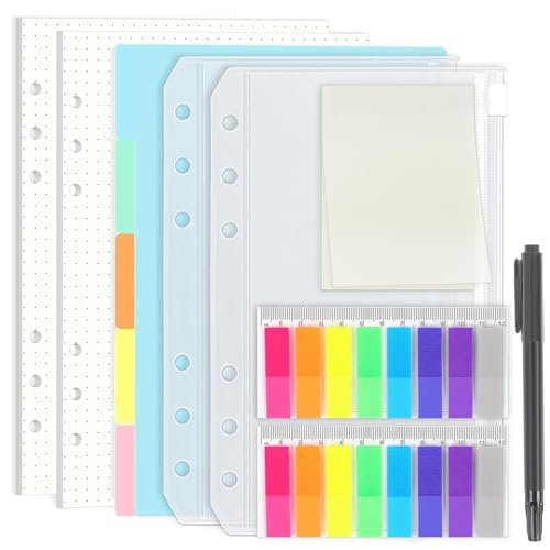 SKYDUE Ringbuch A5 Nachfüllbar Set – Inklusive 90 Blatt A5 Papier Gepunktet Nachfüllpapier (180 Seiten), 5 Trennblätter A5 Aus PP, Bunte Haftnotizen & 2 A5 Umschläge von SKYDUE