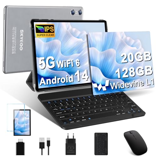 Android 14 Tablet mit Tastatur, Tablet 10 Zoll mit 5G WLAN 6, 20 GB RAM+128 GB ROM (Erweiterbar auf 1 TB), GPS, Widevine L1, Octa-Core, 5MP + 8MP, 1280 x 800, Tablet mit Maus + Hülle, Weiches Grau von SKYEGG