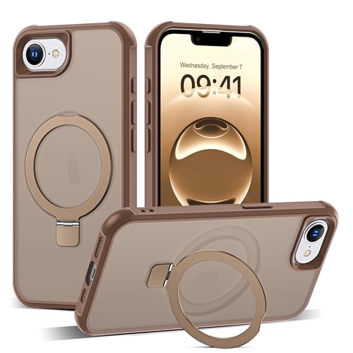 SKYLMW Schutzhülle für iPhone 16E, 15,5 cm (6,1 Zoll), kompatibel mit Mag-Safe, mit unsichtbarem magnetischem O-Ring-Ständer, militärische Qualität, durchscheinend, Wüstenbraun von SKYLMW