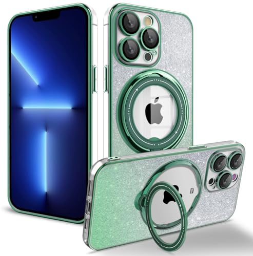 SKYLMW für iPhone 14 Plus Hülle Glitzer mit drehbarem Ringständer kompatibel mit MagSafe, Plating Bling Clear Case mit Kameralinsenschutz, schlanke Handyhülle für Frauen Mädchen (Alpingrün) von SKYLMW