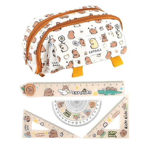 1 Stück Capybara-Federmäppchen, 4 Stück Capybara-Musterlineal, Niedliches Tier-Federmäppchen, Mehrschichtiges Federmäppchen Mit Reißverschluss, Schreibwarentasche Für Studenten von SLEEKEE