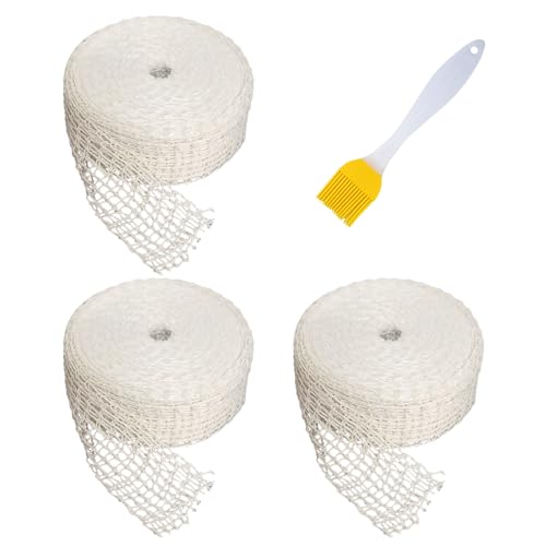3 Stück 16-Loch Grillnetze, 1 Stück Grillbürste, Elastisches Grillnetz, Weißes Schinkennetz, Fleischröllchen Bindenetz, Verwendet Zum Grillen, Schinken, Fleischröllchen (Eine Rolle 300 cm) von SLEEKEE