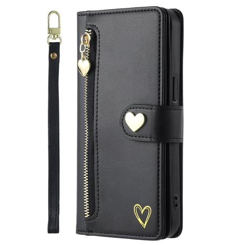 SLLMYYX Brieftaschen-Schutzhülle kompatibel mit Google Pixel 9a, strapazierfähiges PU-Leder, Flip-Schlüsselband, Handgelenktasche, Reißverschlusstasche, 9 Kartenhalter, Damen-Handyhülle, Schwarz von SLLMYYX
