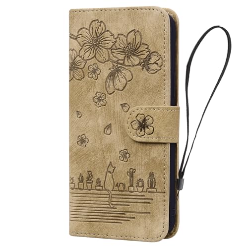 SLLMYYX Brieftaschen-Schutzhülle kompatibel mit Honor 90 Lite, Kirschblüten-Katzenmuster, Leder, Flip-Handy-Schutzhülle mit Kartenschlitzen, Ständer (Golden) von SLLMYYX