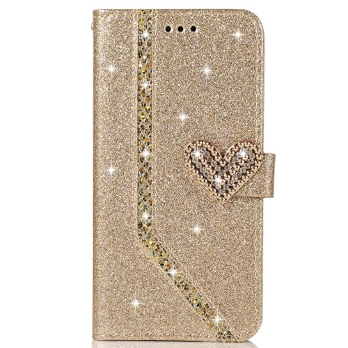 SLLMYYX Brieftaschen-Schutzhülle kompatibel mit iPhone 16, Bling Glitzer Diamant Liebe Schnalle PU Leder Handyhülle mit Kartenhalter Flip Cover (Gold) von SLLMYYX