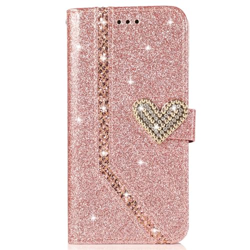 SLLMYYX Brieftaschen-Schutzhülle kompatibel mit iPhone 16, Bling Glitzer Diamant Liebe Schnalle PU Leder Handyhülle mit Kartenhalter Flip Cover (Roségold) von SLLMYYX