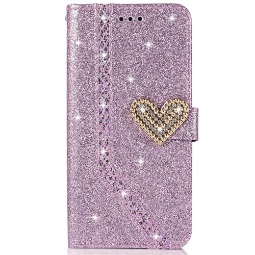 SLLMYYX Brieftaschen-Schutzhülle kompatibel mit iPhone 16e, Bling Glitzer Diamant Liebe Schnalle PU Leder Handyhülle mit Kartenhalter Flip Cover (Violett) von SLLMYYX