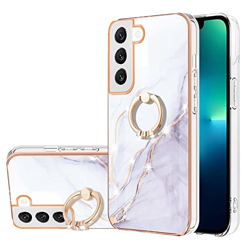 SLLMYYX Hülle Kompatibel mit Samsung S23 5G, Luxus Glänzend Marmor IMD Slim Cover mit 360 Grad Drehung Ringhalter für Galaxy S23 (Weiß) von SLLMYYX