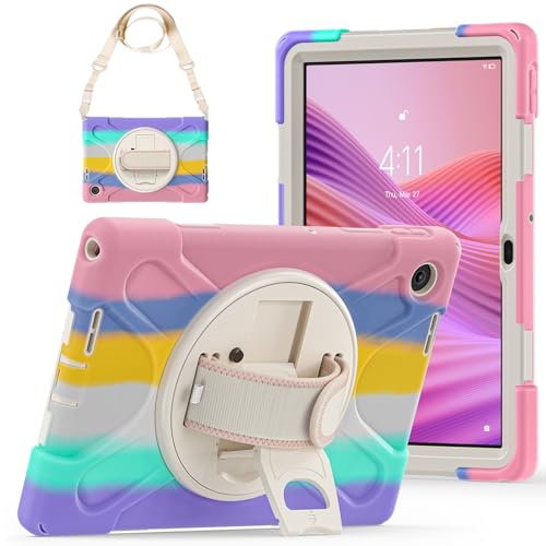 SLLMYYX Hülle für Lenovo Tab 10.1 2025/K10c 10.1 2025/TB-311FU 2024, 360 Grad drehbare Handschlaufe Stoßfest Schutzhülle mit Schultergurt, Bunt Rosa von SLLMYYX