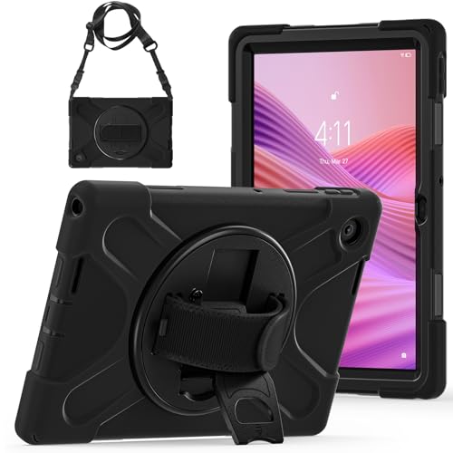 SLLMYYX Hülle für Lenovo Tab 10.1 2025/K10c 10.1 2025/TB-311FU 2024, 360 Grad drehbare Handschlaufe Stoßfest Schutzhülle mit Schultergurt, Schwarz von SLLMYYX