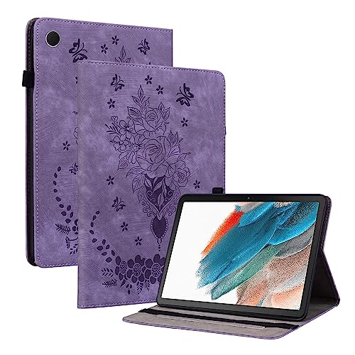 SLLMYYX Hülle für Samsung Galaxy Tab A8 10,5 Zoll 2021 Release SM-X200 SM-X205, Rose Schmetterling Blumen PU Leder Verstellbarer Ständer Slim Folio Tablet Cover (Lila) von SLLMYYX